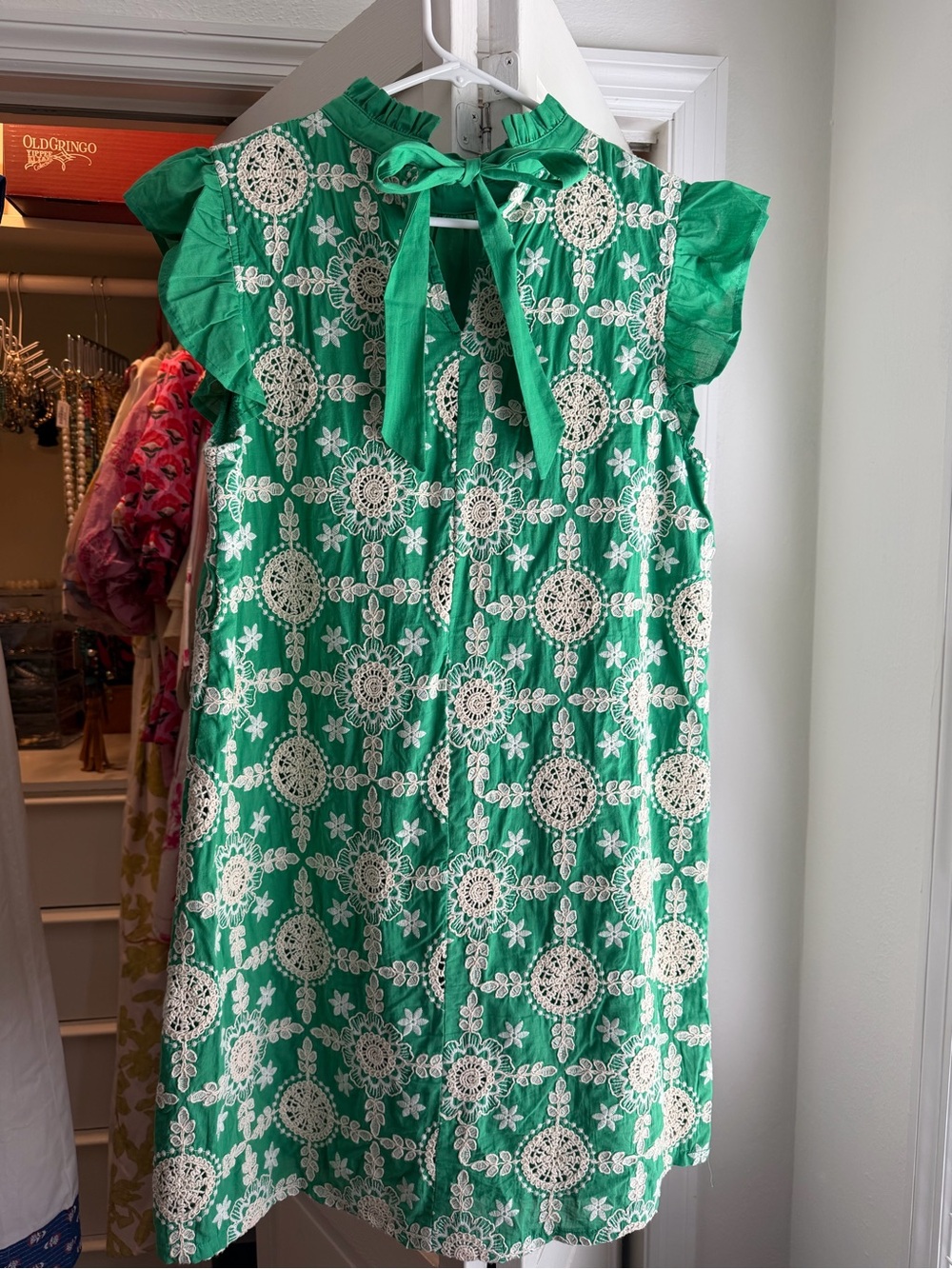 Green Crochet-Accent Mini Dress with Ruffle Sleeves 19”PTP and 34 in length. - Picture 2 of 4